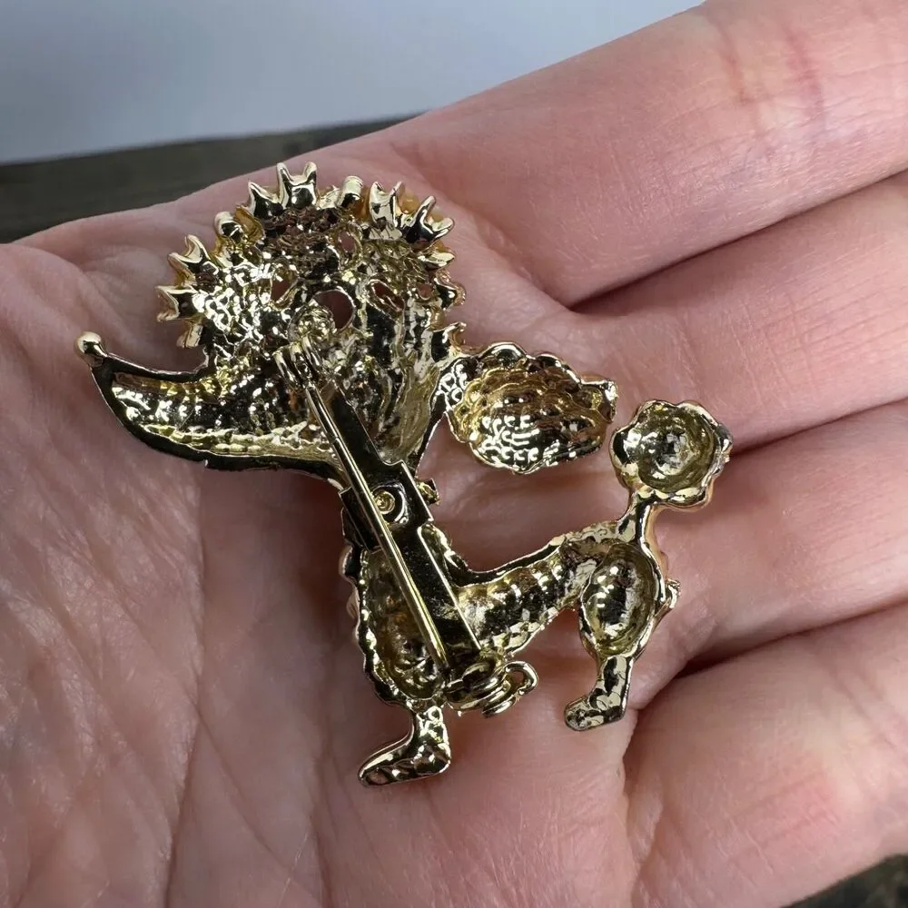 Vintage French Poodle Brooch Pin Gold Tone Faux Pearls‎ Red Rhinestone Dog
